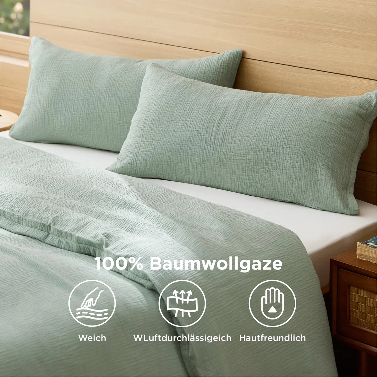 BEDSURE Musselin Kissenbezug 40 x 80 2er Set - 100% Baumwolle Kopfkissenbezug 40x80, Muslin Kissenbezüge 2 Teilig mit Reißverschluss, Oeko-TEX Zertifiziert, Sommer Kopfkissenbezüge Sommergrün