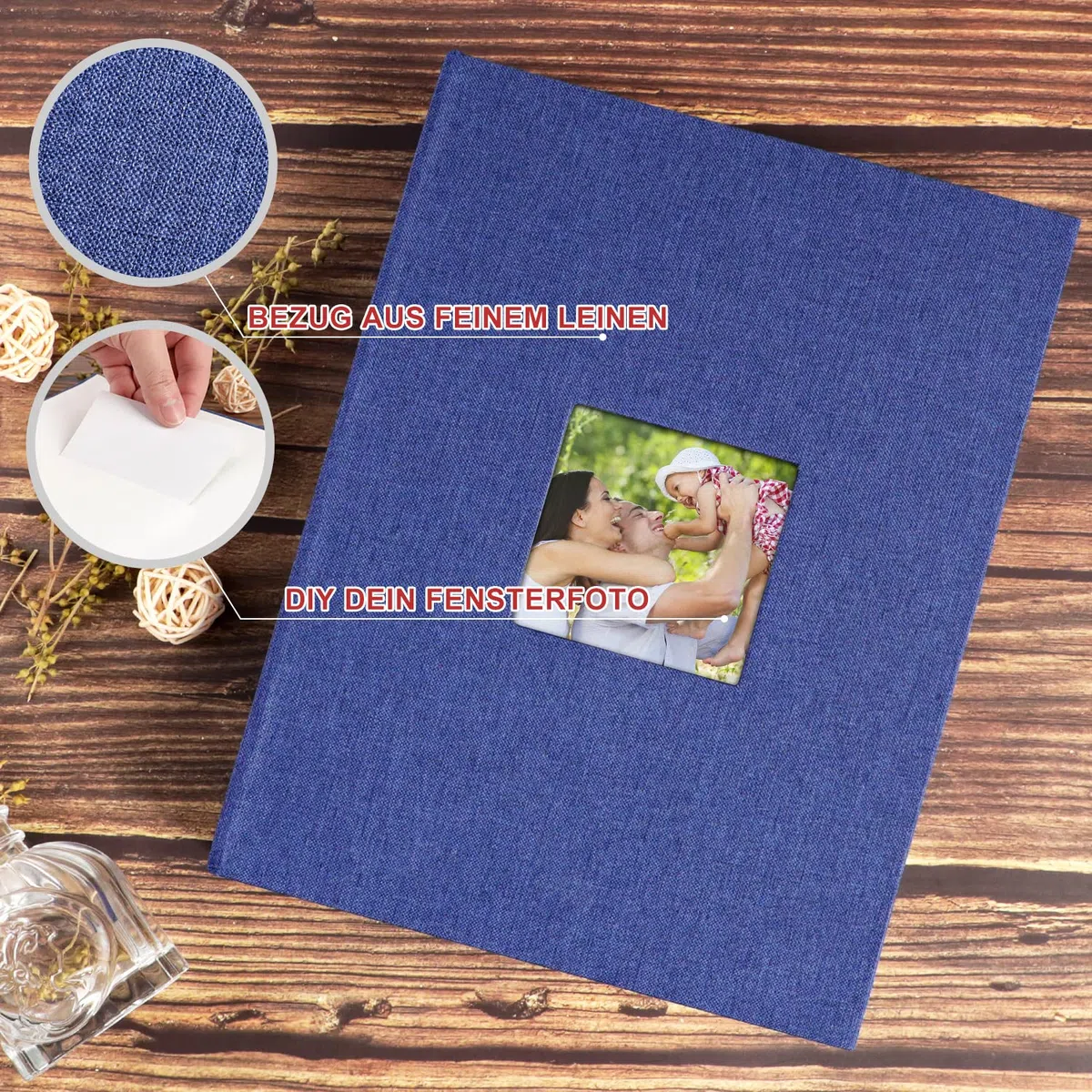 Benjia Fotoalbum Einsteckalbum A4 Hochformat 100 Seiten Hüllen, Leinenbezug Fotoalbum zum Einstecken für 100 A4 Fotos Blau