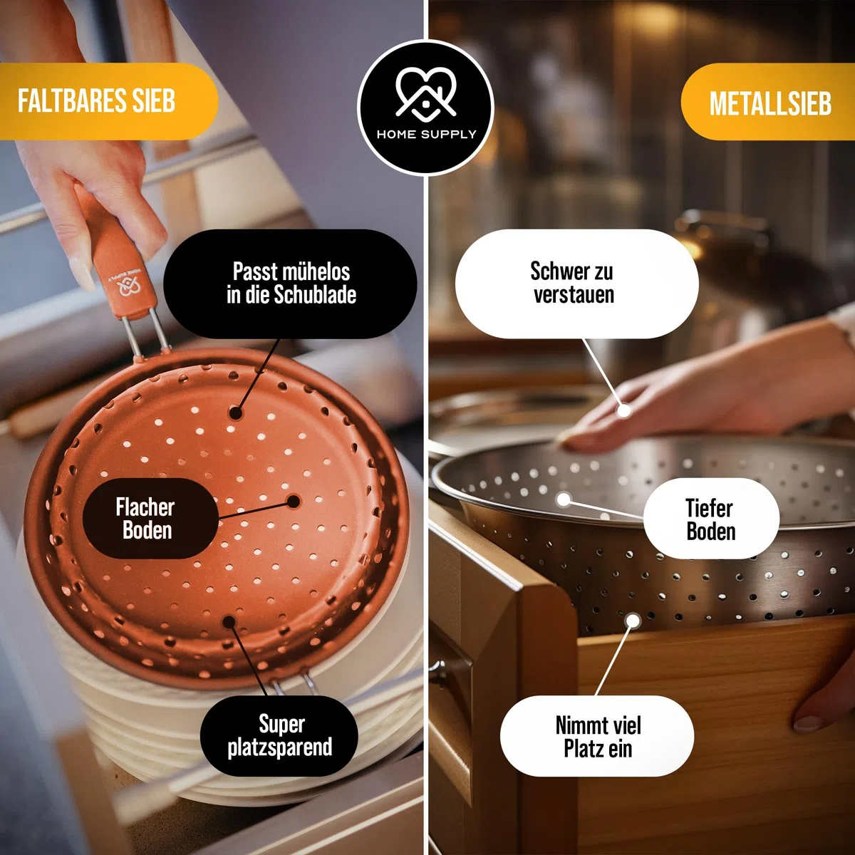 3-in-1 Faltbares Sieb aus Silikon und rostfreiem Edelstahl, Küchensieb, Nudelsieb, Dampfgar Einsatz, Abtropfsieb, platzsparend, multifunktional, geschirrspülfest, 21cm Lachsrosa