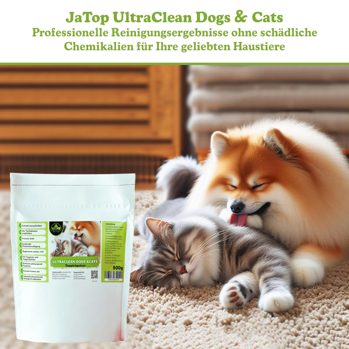 UltraClean Cats & Dogs Teppichreiniger Pulver zum Absaugen, Teppich Reinigungsmittel Pulver, Teppichpulver zum Reinigen von 10-15qm Teppichboden, 4 x 500g + Fleckenspray 250ml
