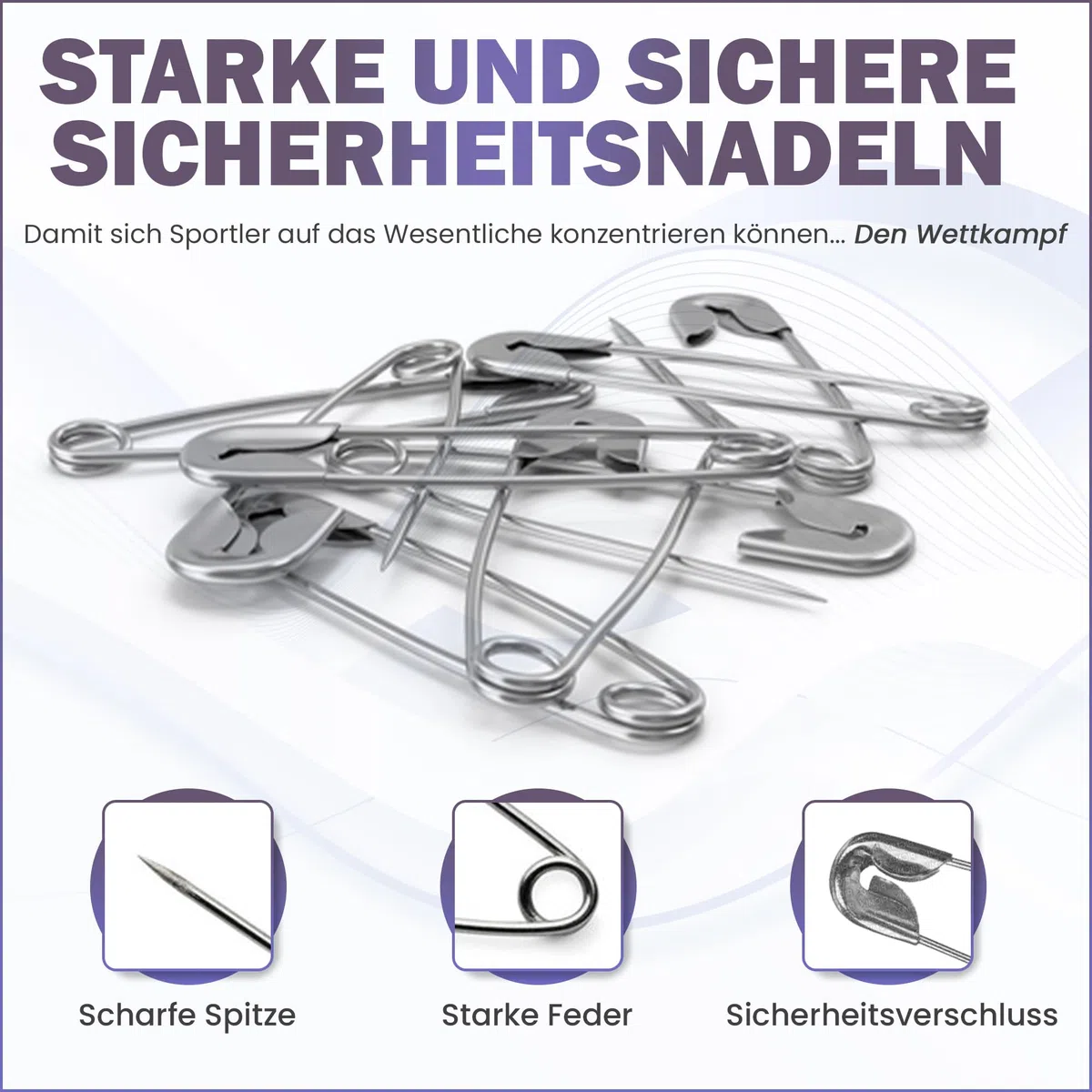 Box mit 1.000 Sicherheitsnadeln für Startnummern 26mm nickelfrei. Mittlere Größe, ideal für Veranstalter von Lauf- und Ultra-Trail-Rennen. Für Sport-Events