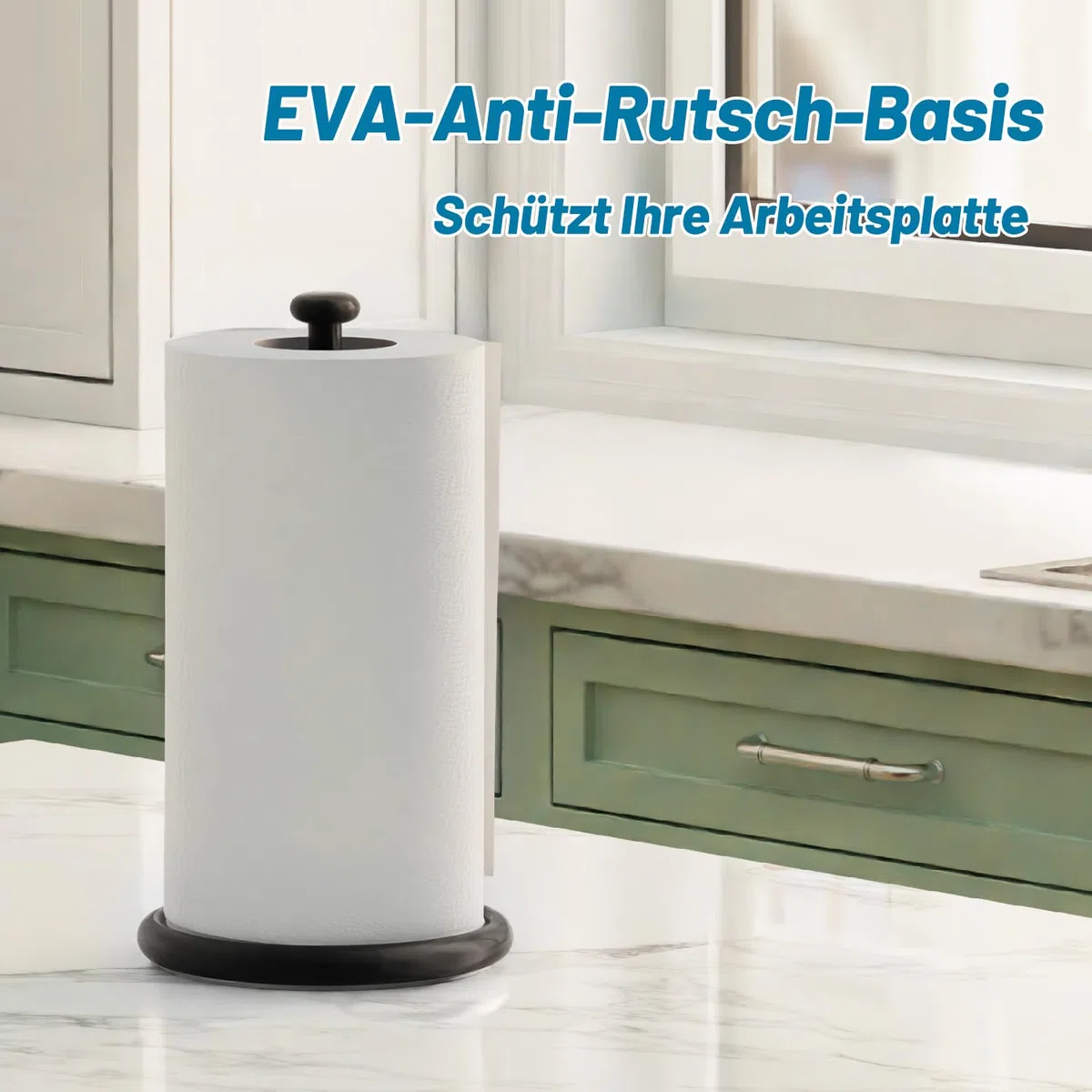 VEHHE Küchenrollenhalter Schwarz – Edelstahl Stehend mit Einhandbedienung & Ratschensystem für Präzise Papierabtrennung, Rutschfester Standfuß, Passend für Alle Gängigen Küchenrollen