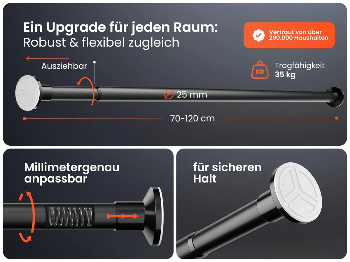 MEISENBERG Klemmstange für Gardinen - Matt Schwarz, Ø 25 mm - Gardinenstange ohne Bohren - Teleskopstange Vorhang - Duschstange zum Klemmen für Fenster, Dusche und Trennwand (70-120cm)