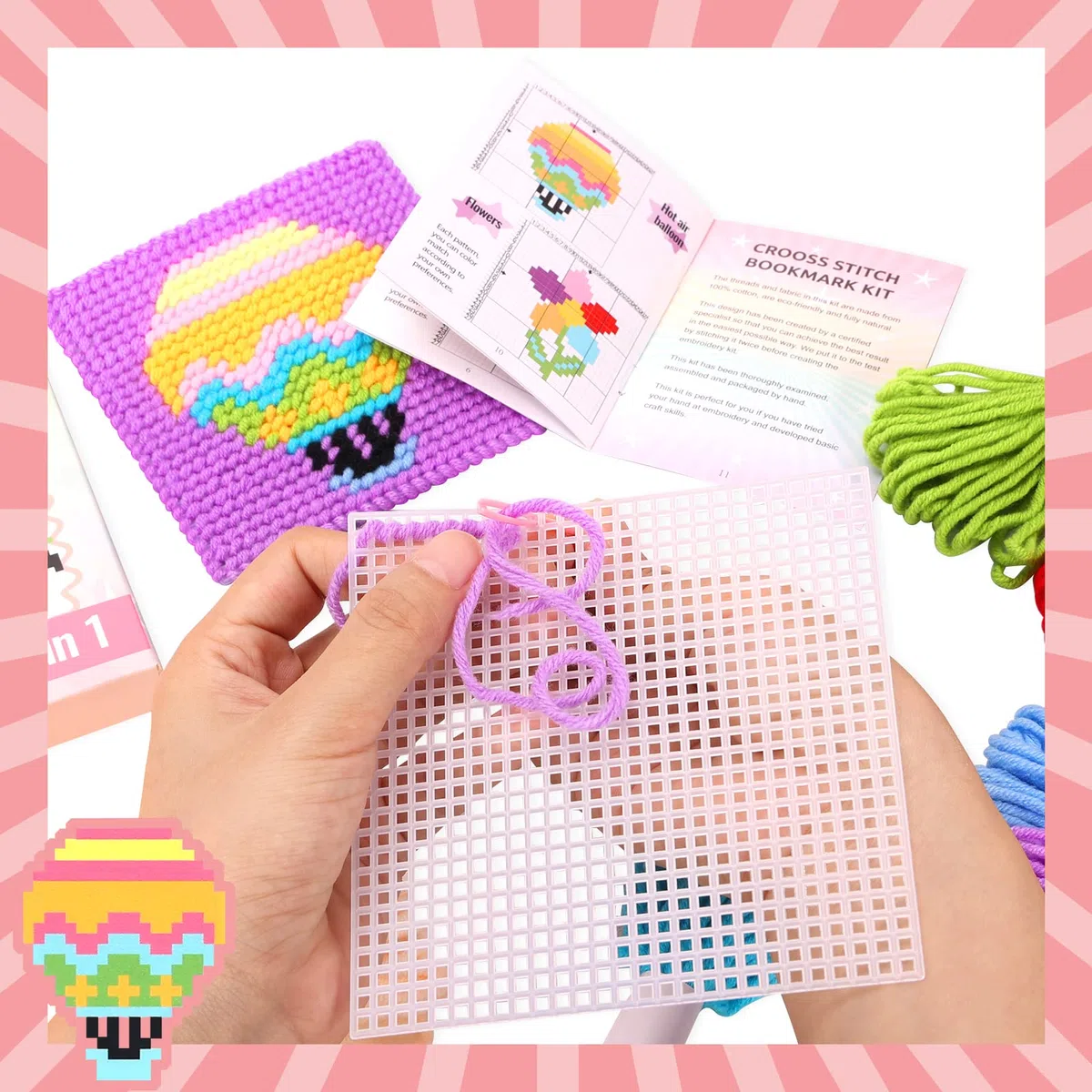 Pllieay 10-in-1-Kreuzstich-Set für Kinder, inklusive Anleitung, 10 Mustern, 10 Kunststoffleinwänden und 14 farbigen Fäden für Handarbeiten