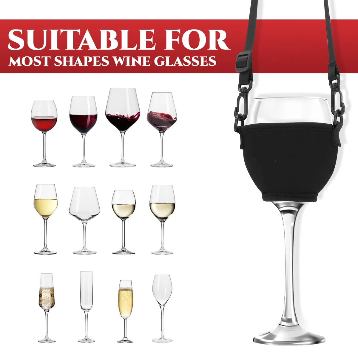 6 Stück Weinglashalter zum Umhängen, Tragbare Weinglas Halterung zum Umhängen, Stoff Weinglashalter für den Hals, Wine Glass Holder für Hochzeiten, Geburtstagsfeiern, Weihnachten (Schwarz)
