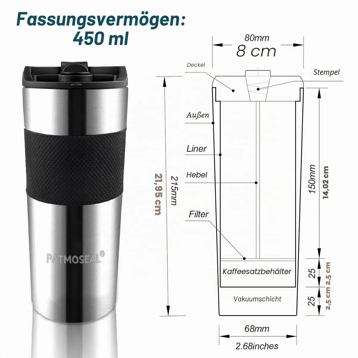 French Press Thermobecher 450 ml – Isolierter Reisebecher mit Edelstahlfilter, auslaufsicher, doppelwandig – Kaffeebereiter To Go für Büro, Pendeln, Reisen & Camping