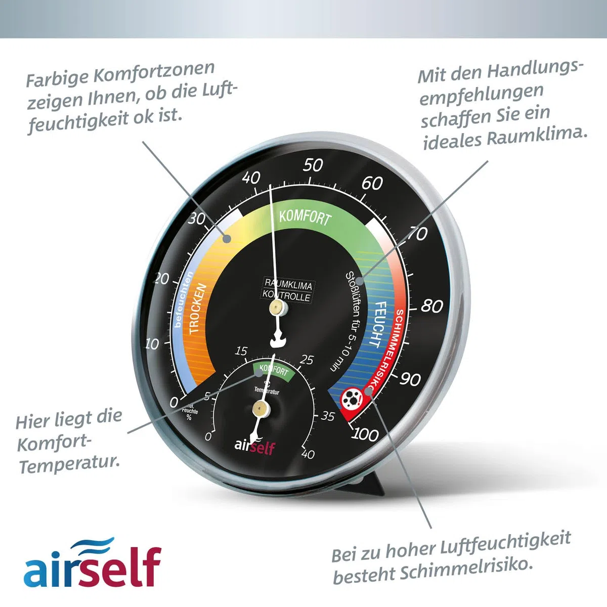 Thermohygrometer analog innen, schwarzes Ziffernblatt, farbige Komfortzonen | Thermometer und Feuchtigkeitsmesser