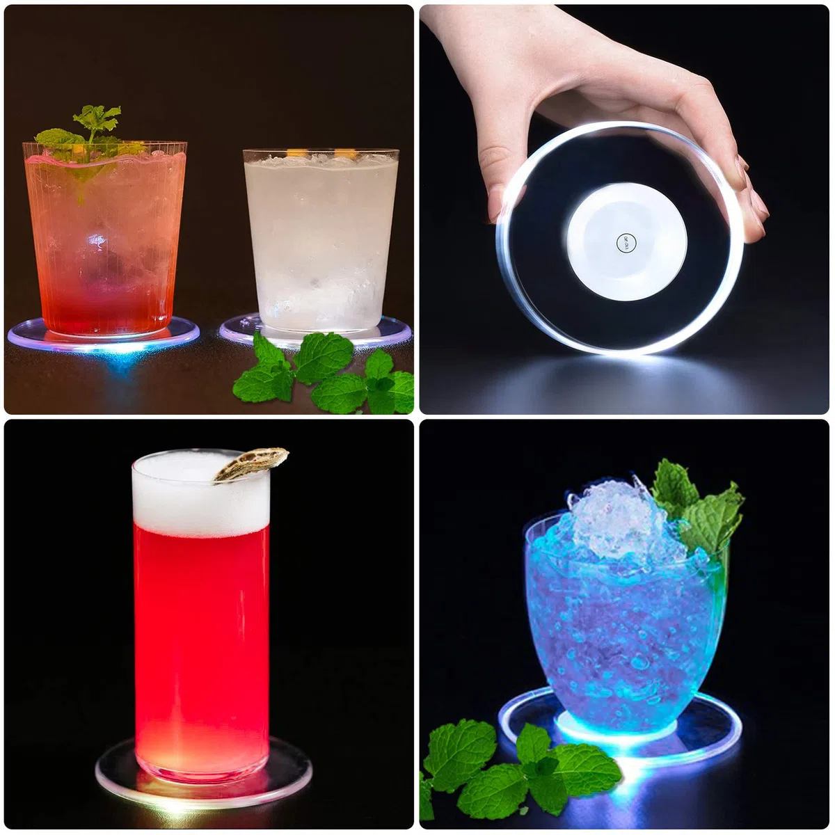 4er-Set Kühle Weiß LED Untersetzer für Getränke, ON/Off Wasserdicht Rund Untersetzer Acryl für Gläser Flaschen Partys Hochzeiten Bar Weihnachten Pub