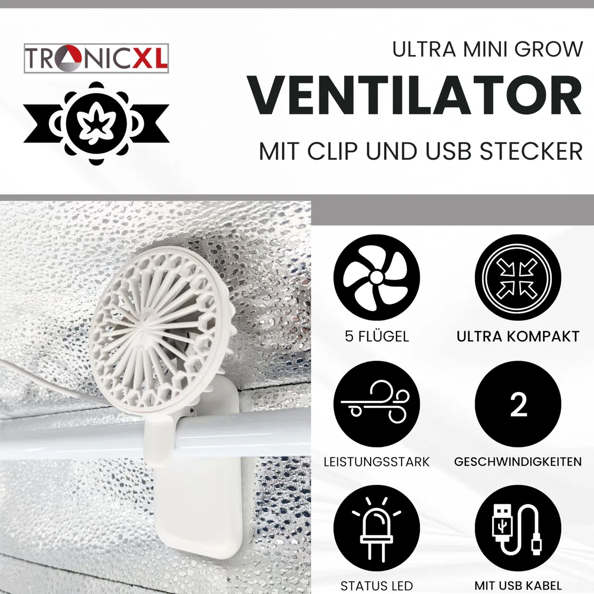 TronicXL 2 Stück Mini USB Ventilator Grow mit Clip Klipp Klemme Klemmventilator I Clipventilator für Zimmergewächshaus Gewächshaus klein Growbox