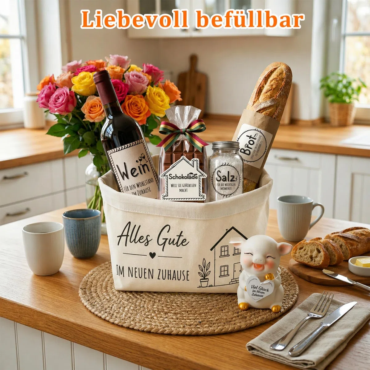 Geschenk zum Einzug Brot und Salz Set – Edles Einzugsgeschenk für Haus & Wohnung mit Bambusbrett, Brotkorb & Keramik-Glücksschwein – Inkl. Grußkarte – Geschenk für Hausbau