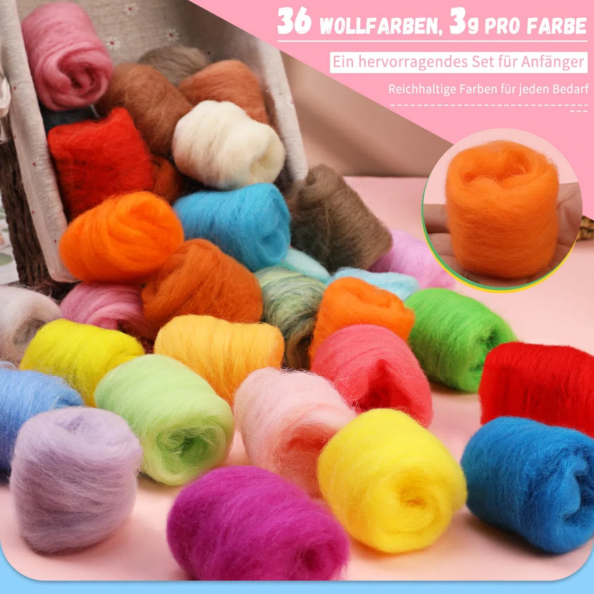 Filzwolle 36 Farben Set, 108g Märchenwolle aus Schafwolle für Nassfilzen & Trockenfilzen, Premium Merinowolle zum Filz Basteln & Stricken, Filzen Starterset mit Naturfasern