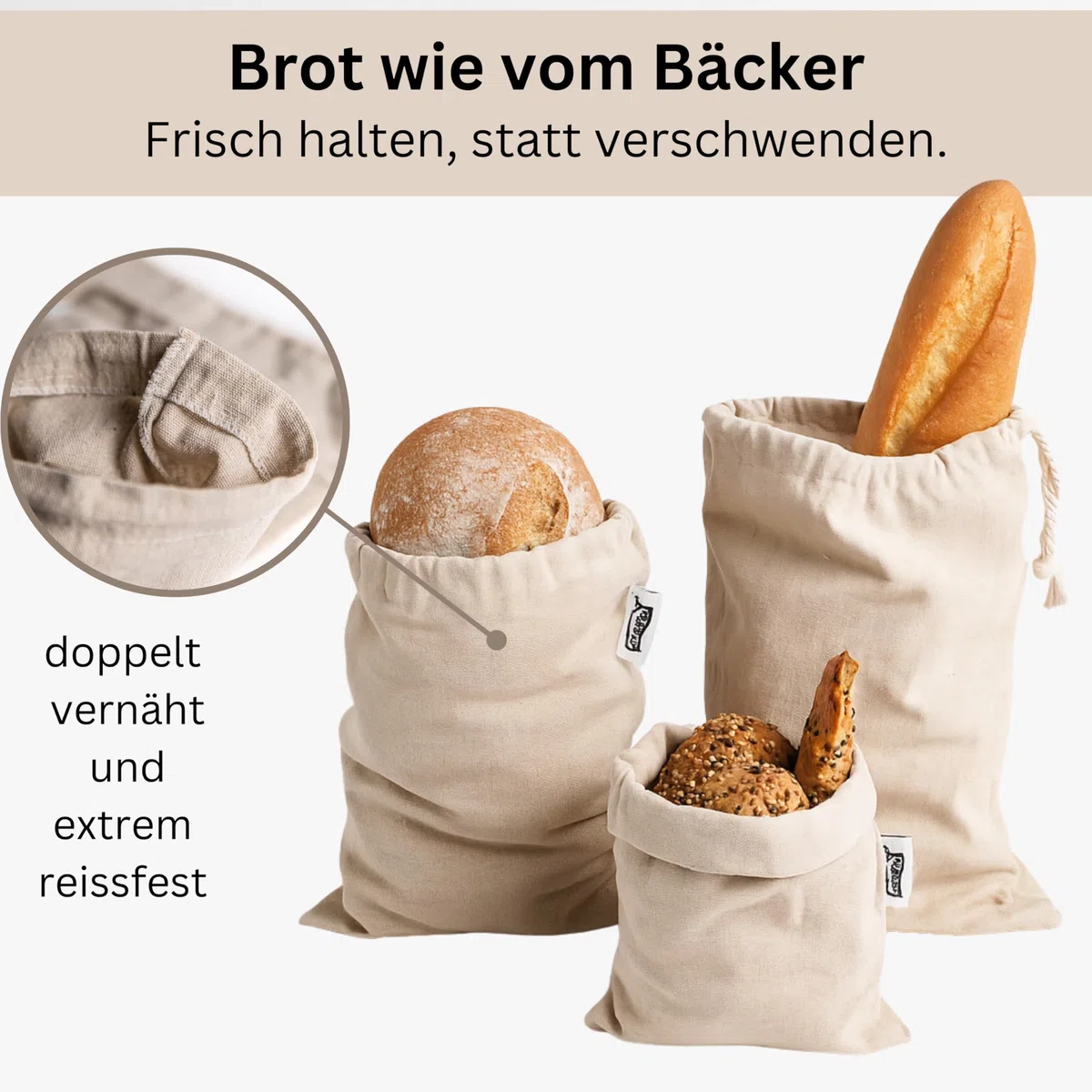 Brotbeutel 3er-Set | Wiederverwendbare Leinenbeutel aus 100% Naturhanf | Plastikfrei, Waschbar & Robust | Brotsack Ideal für Lebensmittel und Brotaufbewahrung