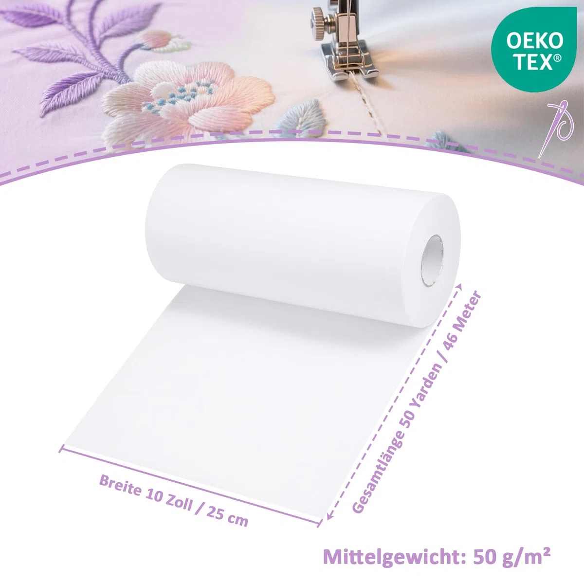 Stickvlies Rolle 10" x 50 yd (Abreißen), 50gm Stickpapier Papierträger, Drucken oder Zeichnen Zeichenstabilisator für Hand- und Maschinenstickereien - Kein Kleber