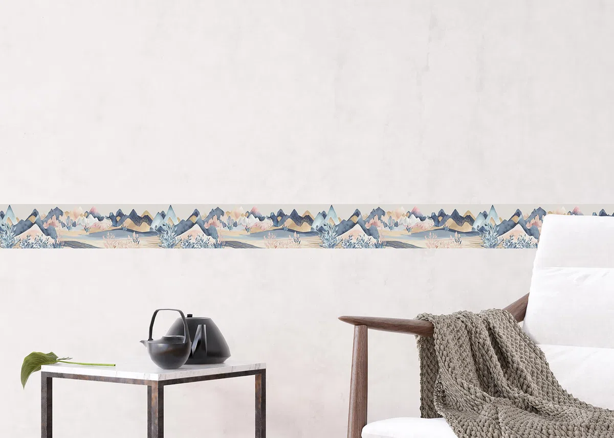 AG Design Selbstklebende Bordüre Aquarellberge, AWB 8416 | Wasserfest Dekoration für Wände, Möbel, Tapeten, Wandverkleidungen und Türen, Folie, Mehrfarbig | Breite 500 cm x Höhe 13.8 cm