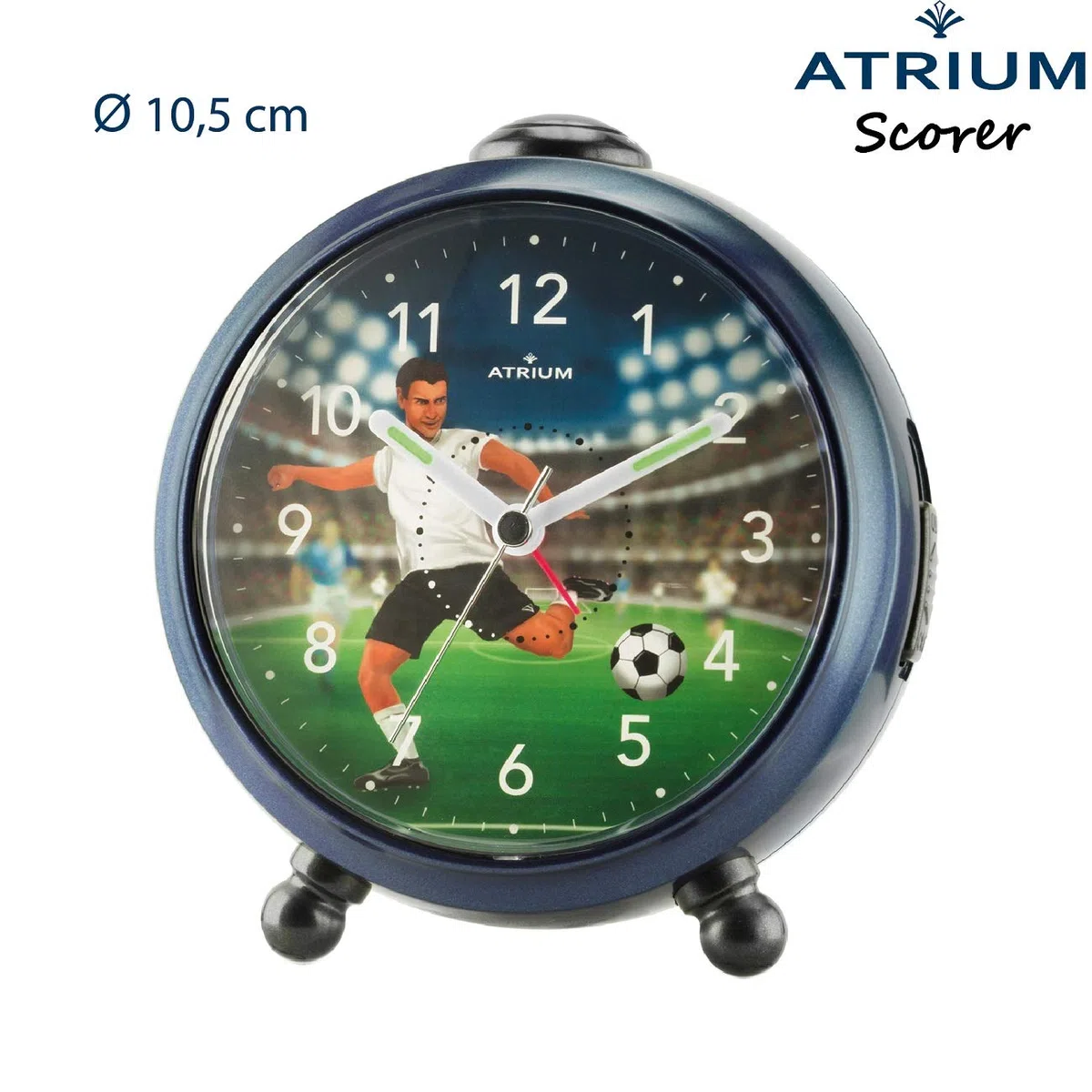 ATRIUM Kinderwecker Jungen Scorer Fußballer Stadion Dunkelblau Grün Schwarz Analog Quarz ohne Ticken mit Licht und Snooze A932-5