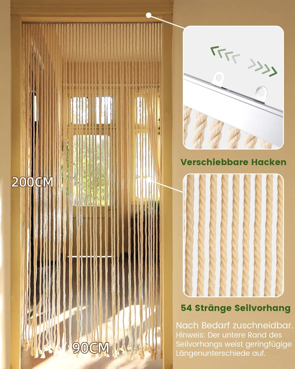 90x200cm Seilvorhang Türvorhang, 54 Stränge Beiger Boho Terrassentür Türvorhang, Fliegenvorhang Balkontür als Raumteiler und Dekoration für Balkon, Zimmer, Terrasse