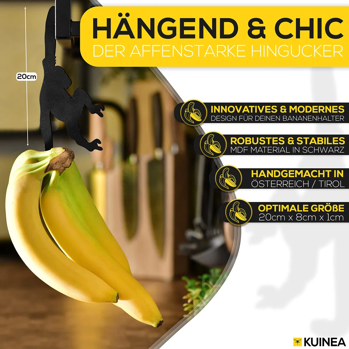 KUINEA Bananenhalter Affe für Bananen [KÜCHEN GADGETS] Der witzige Affen Bananenhalter I Praktischer Obst & Bananenständer I lustiges Küchengadget für Freunde von originellen Küchenutensilien I Küche
