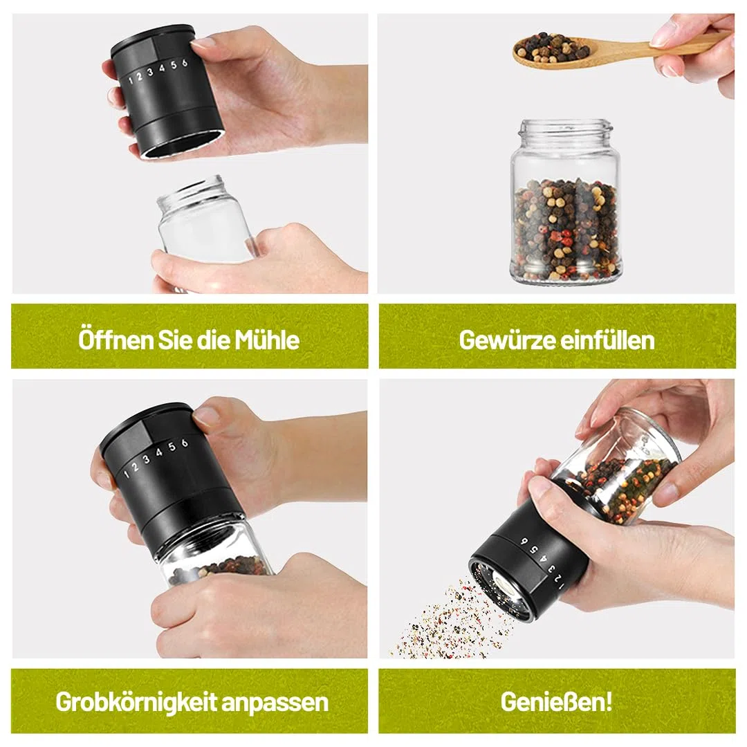 2er Set Pfeffermühle mit Keramikmahlwerk & 6-Stufen-Drehung – Salz und Pfeffermühle groß – Manuelle Gewürzmühle schwarz matt, einstellbar & nachfüllbar