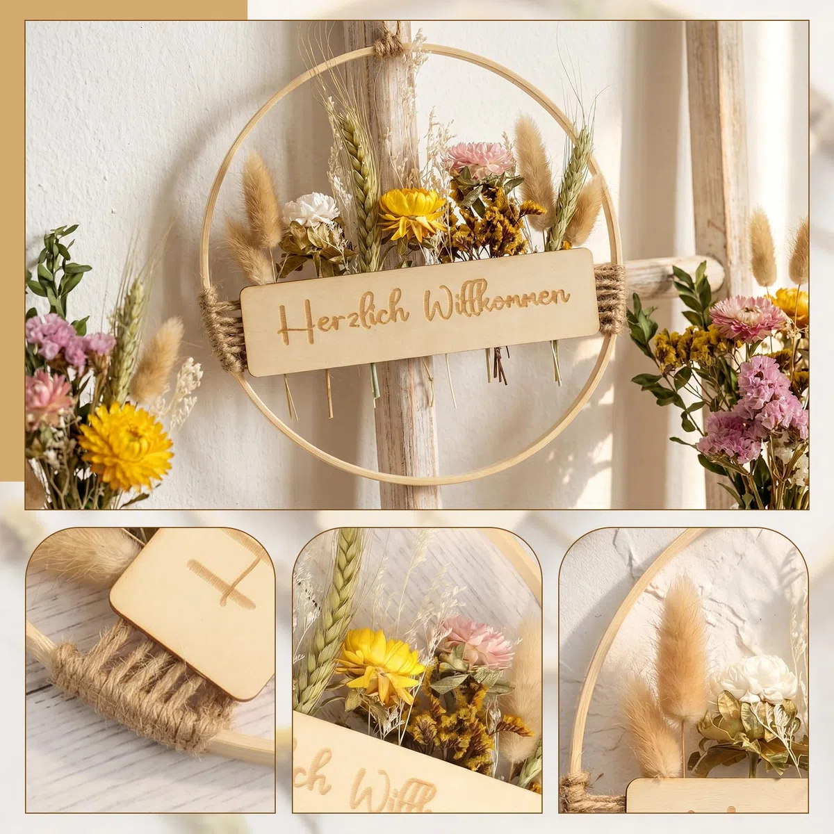 Trockenblumenkranz, 25 * 25cm Willkommen Türkranz Deko, Türkranz Sommer Boho Türdeko Ganzjährig Willkommensschild Haustür Hängedeko Trockenblumen Kranz für Wand Fenster Hochzeit Wohnzimmer Deko