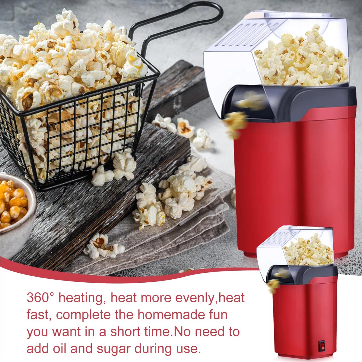 BAIFULAI 1200w Popcornmaschine, Mini Heißluft Popcorn Maker Gesund Ohne Öl Fett 2 Minuten One-Touch-Bedienung für Zuhause Filme Weihnachten Partys Fußballabend