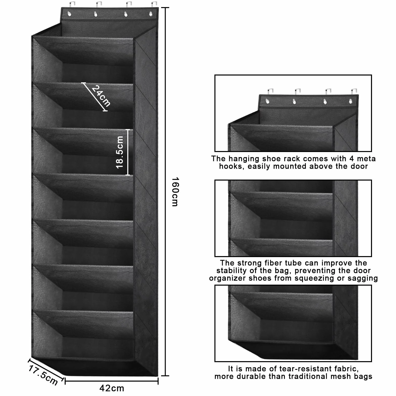 Schuhregal Tür, Schuhregal Hängend, Schuh Organizer Hängend, Schuhaufbewahrung Tür mit 8 Tiefen Taschen Passt 20-Paar Schuh, (Schwarz)