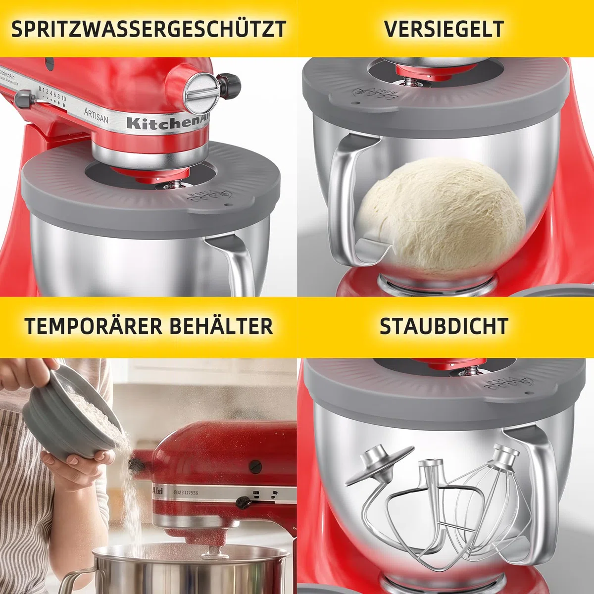 Kitchen Aid Zubehör, Lebensmittelechter Silikon Spritzschutz, Rührschüssel Abdeckung für 4.5-5 QT Artisan Kipp-Kopf Standmixer, 3-in-1 Silikon Mixerschüssel Set,Geschenkbox