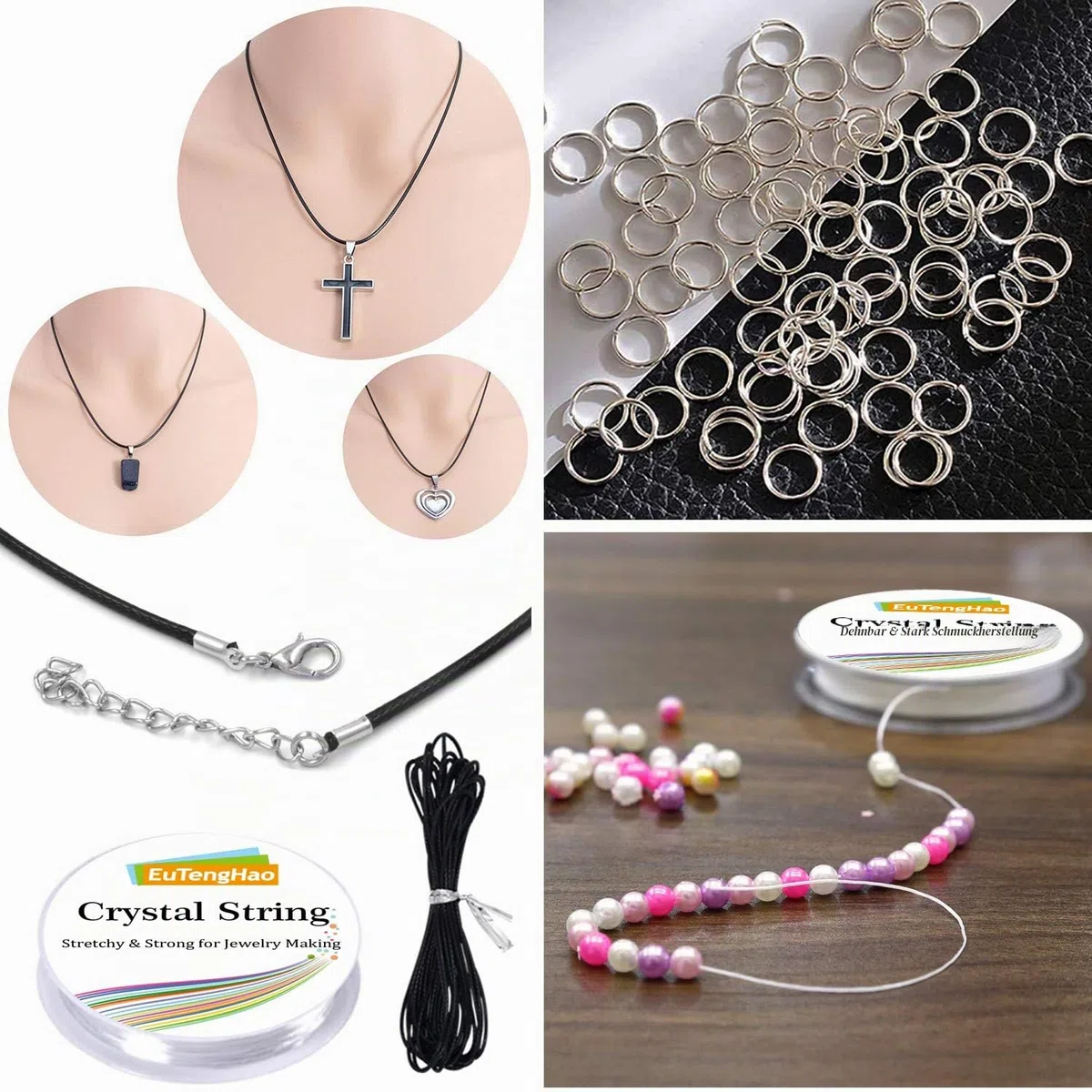 EuTengHao Schmuckherstellungs-Set, Schmuckreparatur-Werkzeug-Set mit Schmuckzange, Perlendraht, offener Bindering, Karabinerverschlüsse, Halsketten, Kordel, Bandenden, Schmuckherstellung, für Schmuck