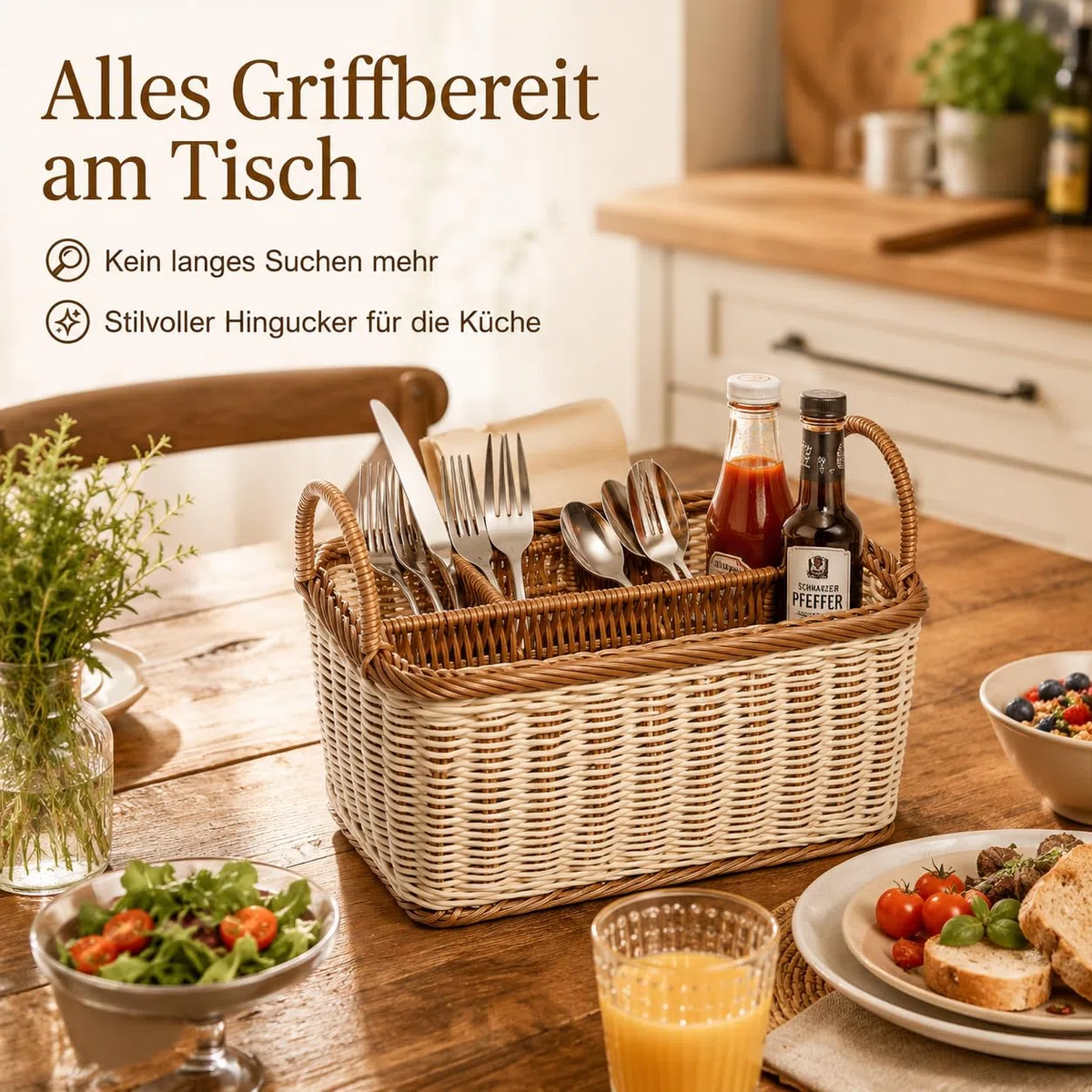 Besteckhalter aus Rattan, Besteckkorb Geflochten für Tisch, Tischbutler für Besteck und Utensilien mit Griffen und 4 Fächern, Waschbarer Besteckorganizer für Küche, Esszimmer, Garten oder Picknick