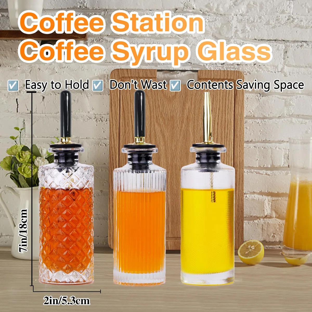 Oudizz Essig und ölflaschen Set mit Ausgießer 3 Stück - 200ml Kaffee Sirup Spender mit Metall Gießen für Kaffeebar - Kaffee Sirup Spenderflasche mit Ölgießdüse, Trichter, Karte, Stopfen