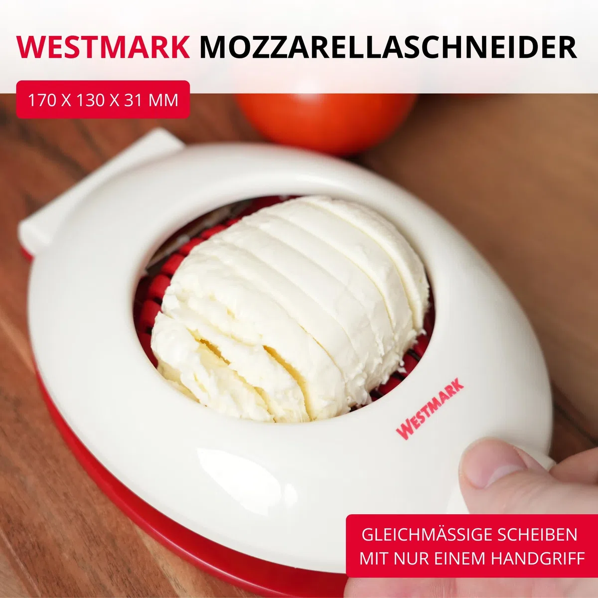 Westmark Mozzarellaschneider/-teiler, einzeln gespannte Schneiddrähte aus Edelstahl, Kunststoff/Rostfreier Edelstahl, Caprese, Rot/Weiß, 11642260, 17 x 13 x 3.1 cm