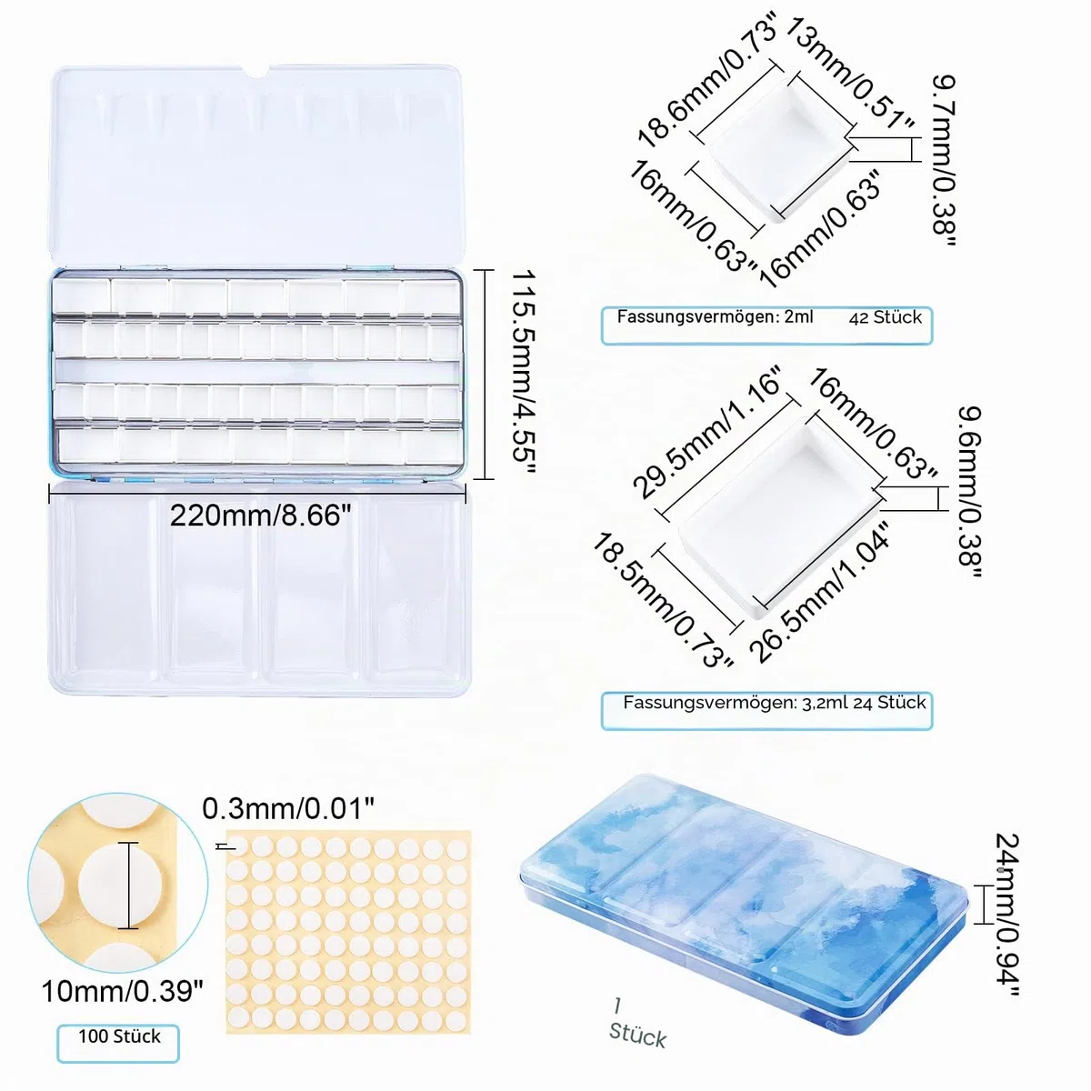 Pandahall Aquarelldose Leer 42 halbe Näpfchen & 24 volle Näpfchen Leere Aquarellpalette Aquarell-Tablettdose Mit Ausklappbarer Palette Für DIY-Aquarell-Ölgemälde Skizzieren Kunstzeichenzubehör