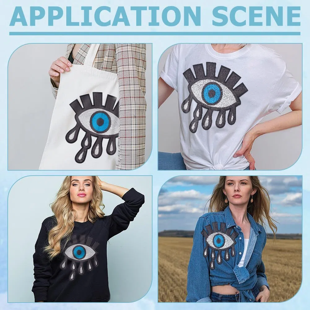 INFUNLY 4PCS Böser Blick Pailletten Aufnäher Bügeln 8.6x9.5" Glitzer Gestickter Patch Boho Böser Blick Patch für Kleidung Große Gestickte Applikation für DIY Kleidung Jeans Taschen Jacke Rucksack Hut