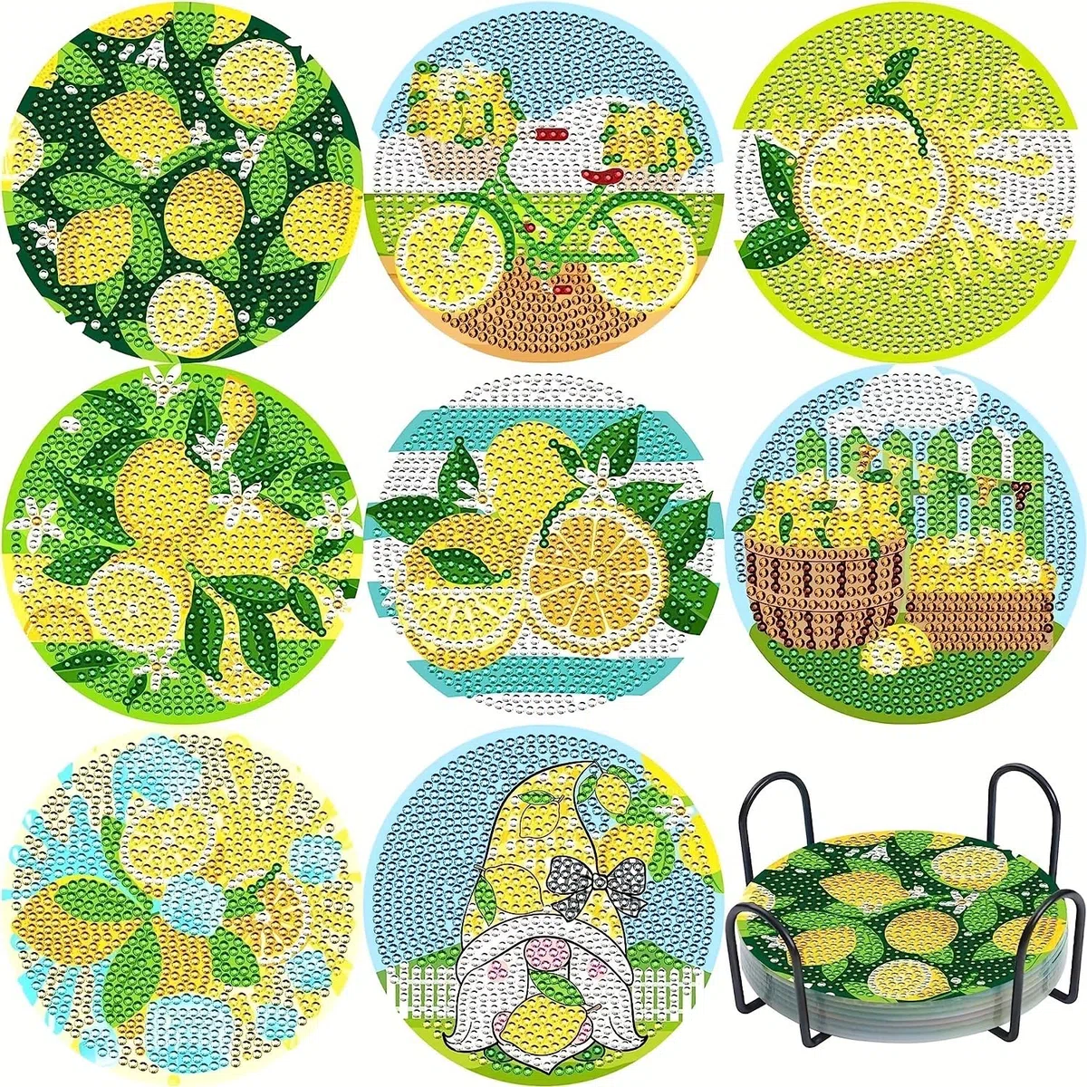 Diamond Painting Klein, Diamond Painting Erwachsene Set Diamond Painting Kit Acryl Untersetzer mit Halter, Bastelset für Erwachsene Kinder Anfänger, Zitronenmuster 10x10cm 8 Stück