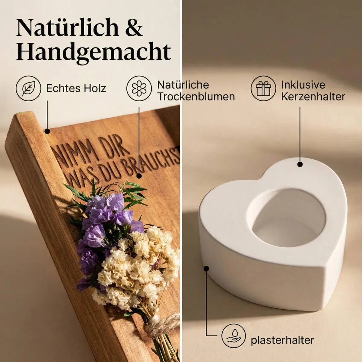 Kerzen Geschenkset Geburtstagsgeschenk für Frauen | Nimm dir was du brauchst | Geburtstagskerze mit Spruch Deko Kerzenhalter Set mit Holzbox Trockenblumen Geschenkidee für Freundin Schwester