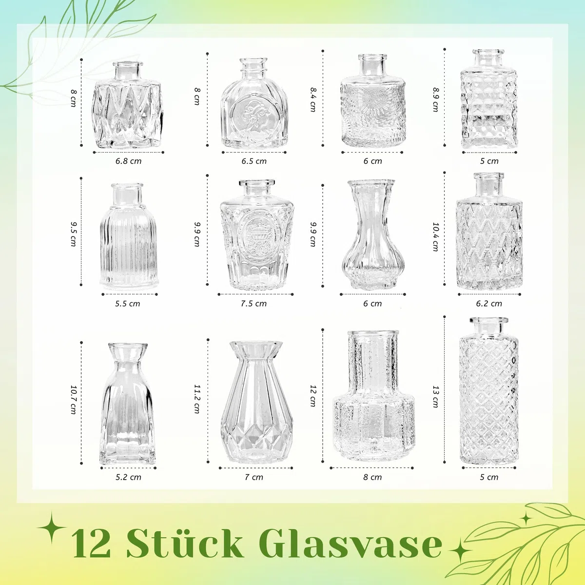 Der Rose Blumenvase Set, 12 Stück kleine Vasen für Tischdeko, mit elegantem Ätzmuster, ideal für Hochzeitsdeko und Party Deko
