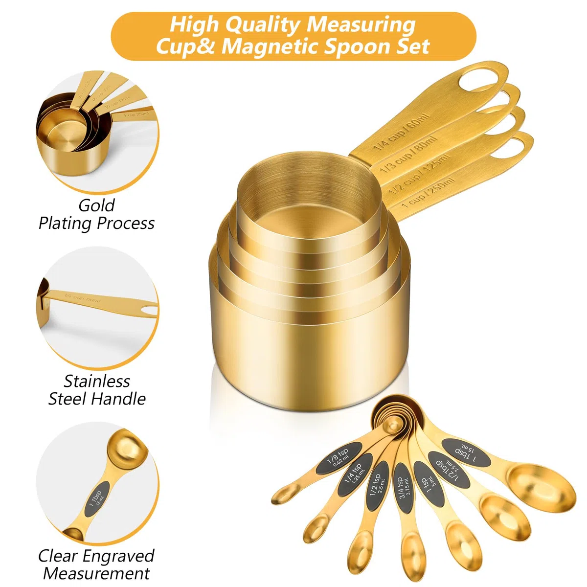 Cuteefun Gold Magnetische Messlöffel und Messbecher 12er Set, 8 Doppelseitige Magnetische Messlöffel mit Wasserwaage, 4 Premium Edelstahl Messbecher, Messen für Trockene und Flüssige Zutaten