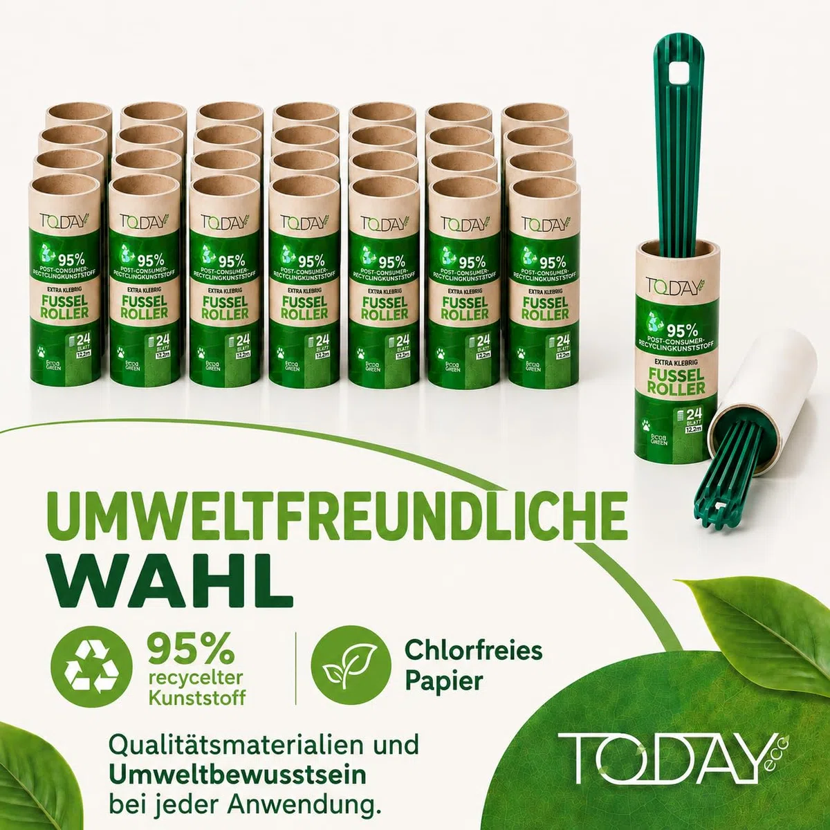 Today Eco - Fusselrolle 28 Rollen + Deckel + 2 Abroller 95% recyceltes Material - Fusselrolle Tierhaare Easy-Peel - Geeignet für Haare, Staub, Kleidung, Tierhare