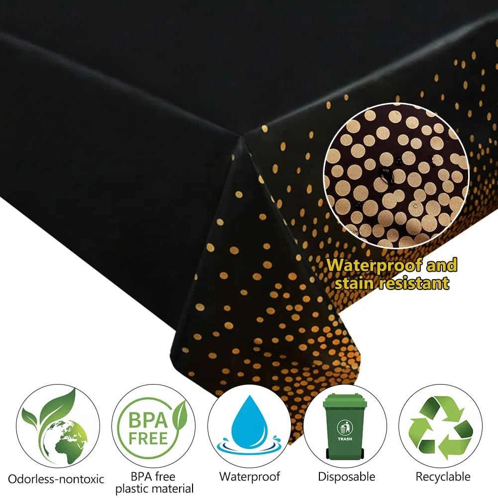 10 Stück Schwarz und Gold Party Tischdecke Einweg für Rechteck Tisch,Gold Dot Confetti Geburtstag Tischdecke für Geburtstag, Jahrestag,Braut Shower,Abschlussfeier,Cocktail Party,137cm x 274cm