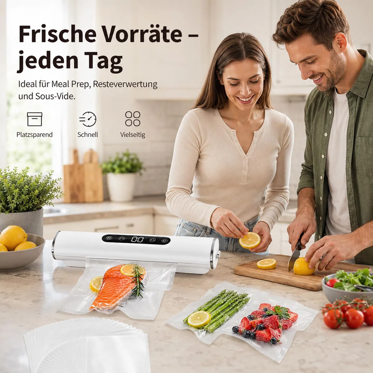 Vakuumiergerät für Lebensmittel mit 20 Beutel, 62KPA Vakuumierer Folienschweißgerät Vollautomatisch, Einschweißgerät für Trockene & Feuchte, Vacuum Sealer Kompakt für Küche & Gefrierbeutel, Weiß