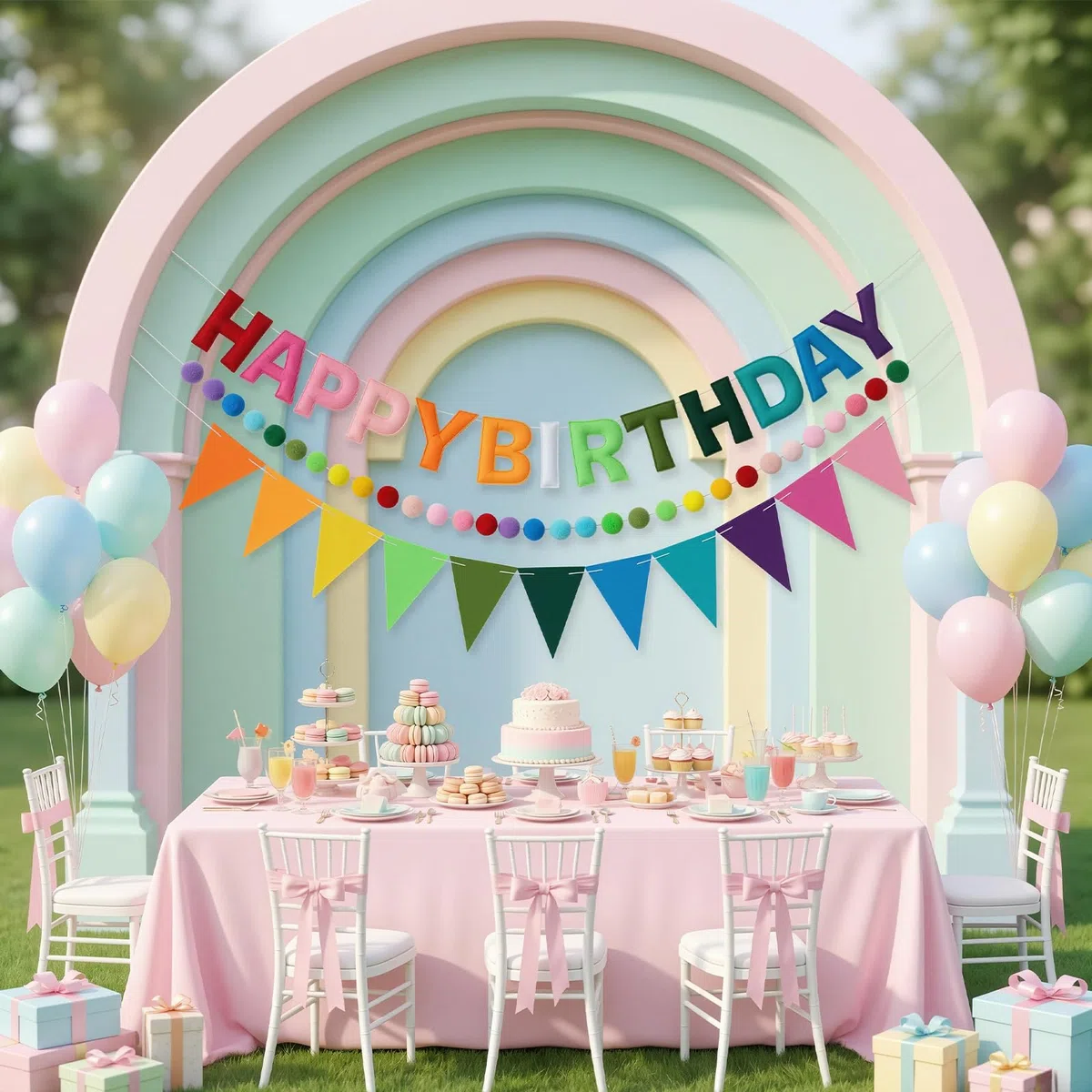 OLANRUN Geburtstagsdeko, Mit Happy Birthday Felt Girlande Sign, Wimpelkette Geburtstag, Pompon Girlande, Wiederverwendbares Regenbogen Happy Birthday Party Deko Banner Für Mädchen Junge Frauen Mann