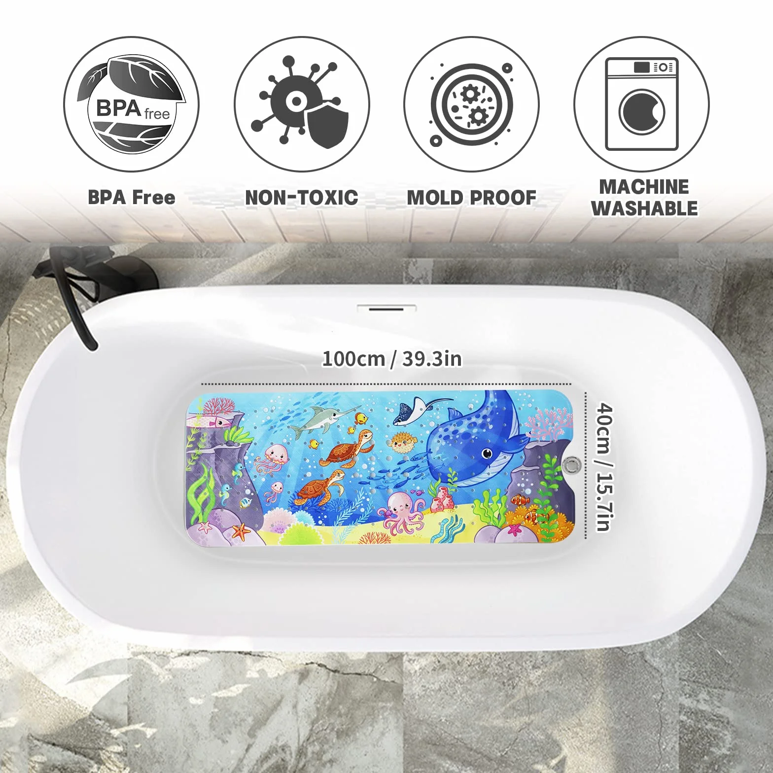 LUZOON Badewannenmatte Kinder, Antirutschmatte 100x40cm Duschmatte Badewanneneinlage Badematte rutschfest Badewanne (Ozean)
