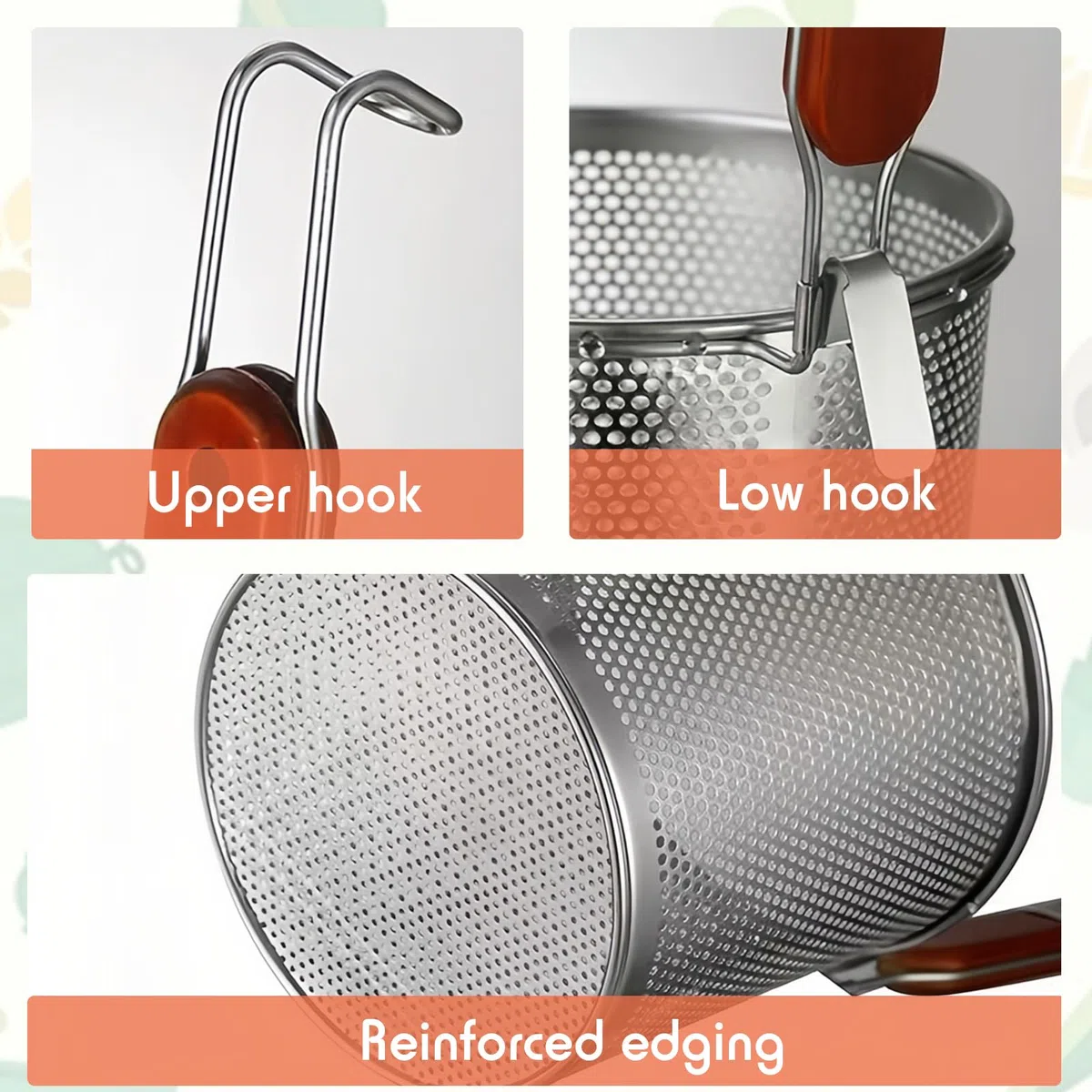 2 Stück Mikroperforiertes Edelstahl Nudelsieb, 12 cm Nudelkorb mit Holzgriff, Pasta Abseihlöffel, Tiefes Küchensieb für Knödel, Spaghetti, Obst, Knödel, Lebensmittel