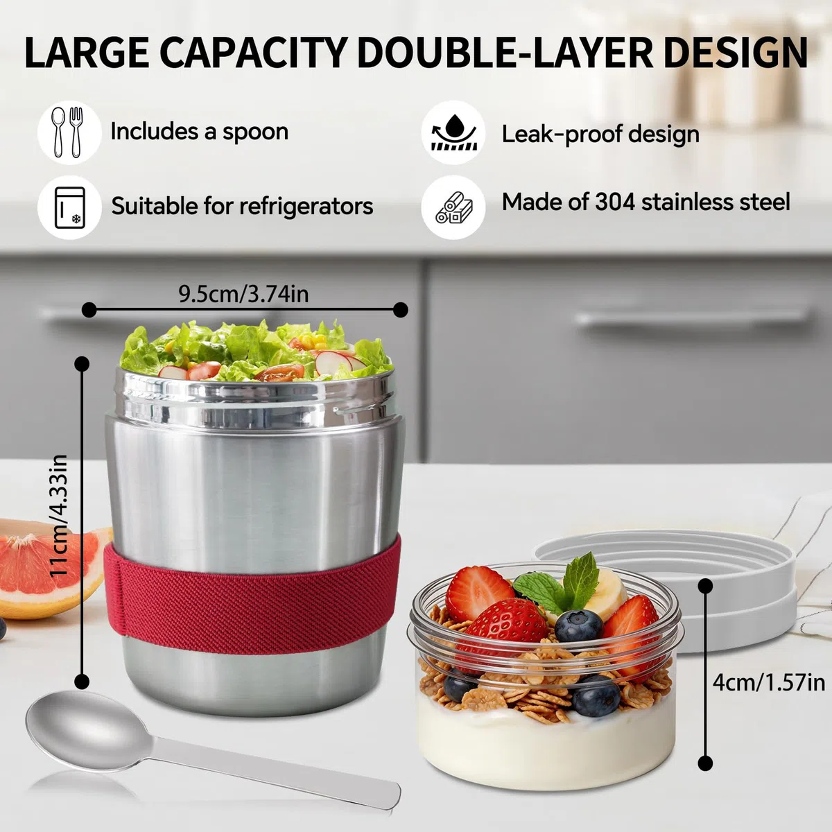 Müslibecher to Go Edelstahl mit Löffel, Vakuumisolierter Joghurtbecher to Go 500ml+220ml, Müslibecher Müslischale Müslidose Frühstücksdose Müslibox Joghurt Box to Go, für Porridge Joghurt