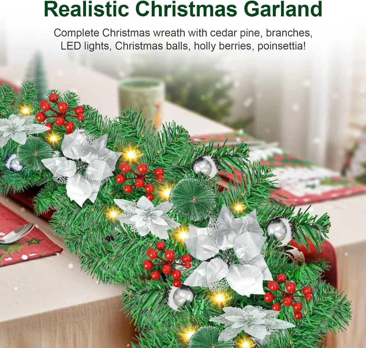 Weihnachtsgirlande, 2.7M / 9FT mit Beleuchtung, batteriebetrieben mit 30 LED, für Haus, Treppe, Kamin, Haustür, Terrasse und Garten, Weihnachtsdeko Girlande