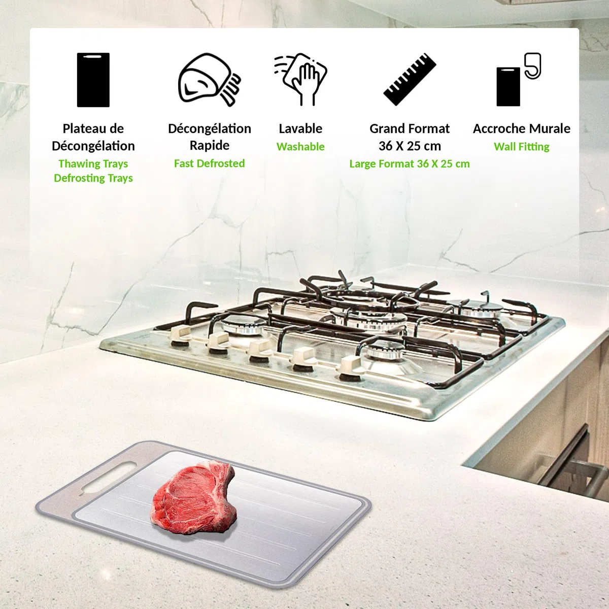 FISHTEC - 4 in 1 Auftaubrett - Vorderseite zum Auftauen, Rückseite zum Schneiden, Oberfläche zum Rasieren, Messerschärfer - Vielseitig und Praktisch - Aluminium