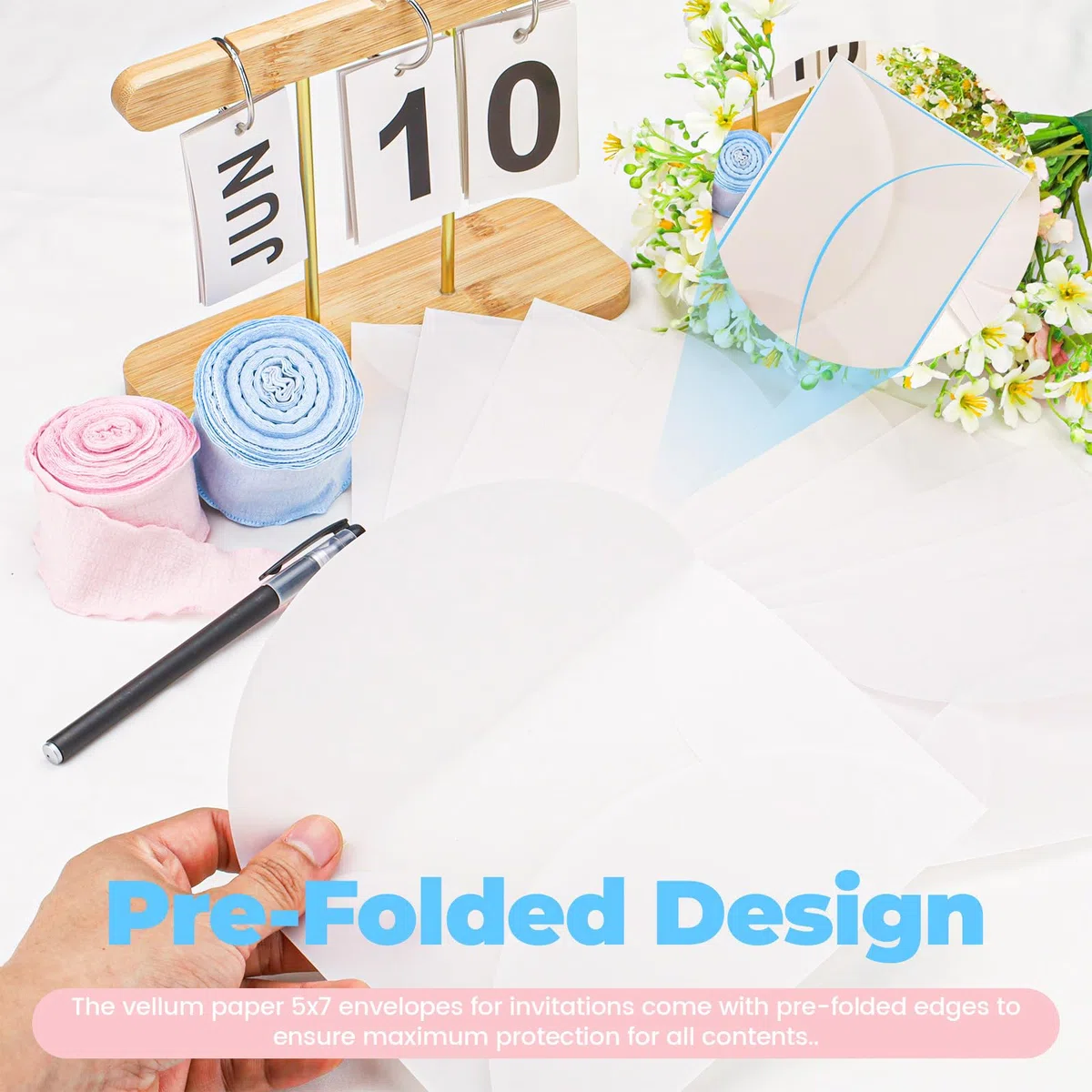 LELE LIFE 20 Stück vorgefaltete Pergamenthüllen für 12,7 x 17,8 cm Einladungen, 135 g/m² Pergamentpapier und 9,1 m rosa Band, durchscheinende Hochzeitseinladungshüllen, Umschlageinlagen