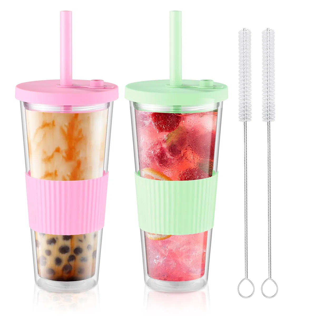 2er-Pack wiederverwendbare Bubble-Tee-Tasse, Boba- und Smoothie-Becher, 730ml/24oz Breitmaul-Doppelwand-Trinkgläser mit Strohhalm & Deckel, auslaufsicher für Eiskaffee, Milchshake (Grün&Rosa)