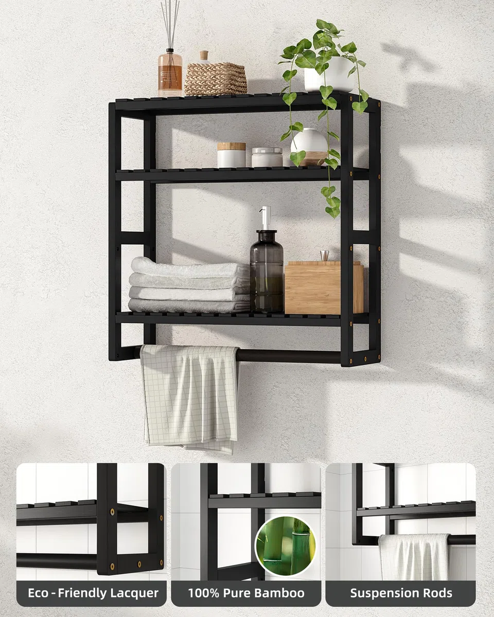 Bamworld Badezimmer Regal Bambus Regal 3-etagiges verstellbares Badregal über der Toilette mit Handtuchstange, platzsparendes WC-Regal, Badezimmermöbel, Bathroom Shelf Schwarz