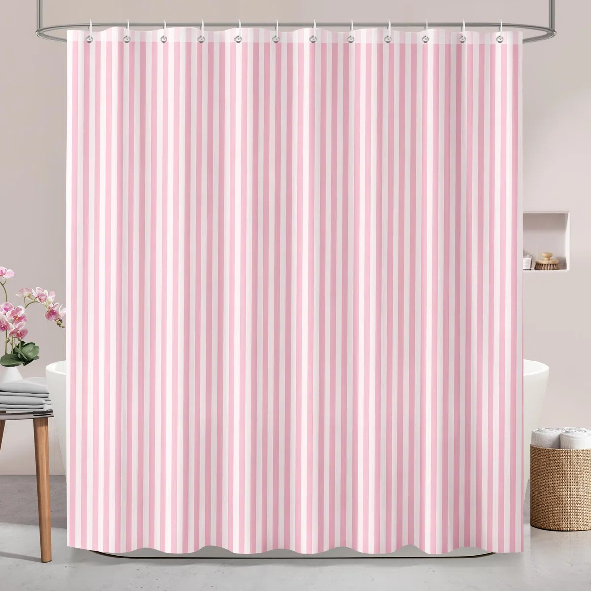 Duschvorhang 180x200 cm Rosa Weiß Gestreift, Moderner Textil Stoff Badevorhang mit Streifenmuster, Anti-Schimmel & Wasserabweisend, inkl. 12 Ringe, Maschinenwaschbar, 1-Teil