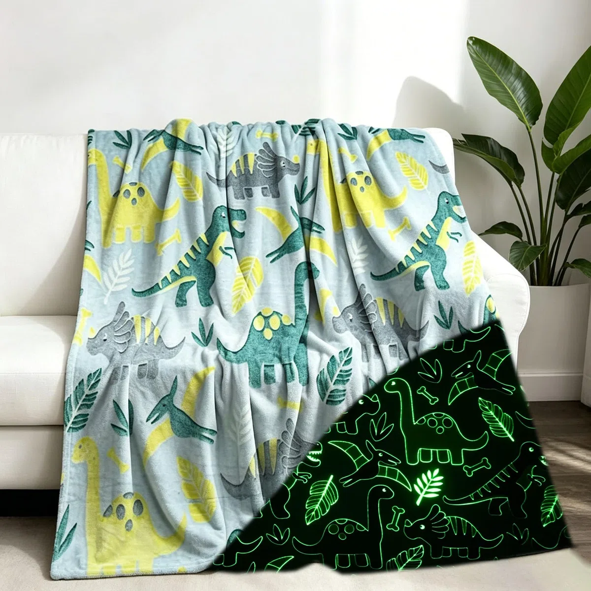 Decke Leuchtet im Dunkeln Kinderdecke Dinosaurier Weltraum Fußball Bagger Kuscheldecke Leuchtende Decke für Kinder Jungen und Mädchen Kuschelig Warme Geschenk Deck (Dinosaurier, 130x150cm)